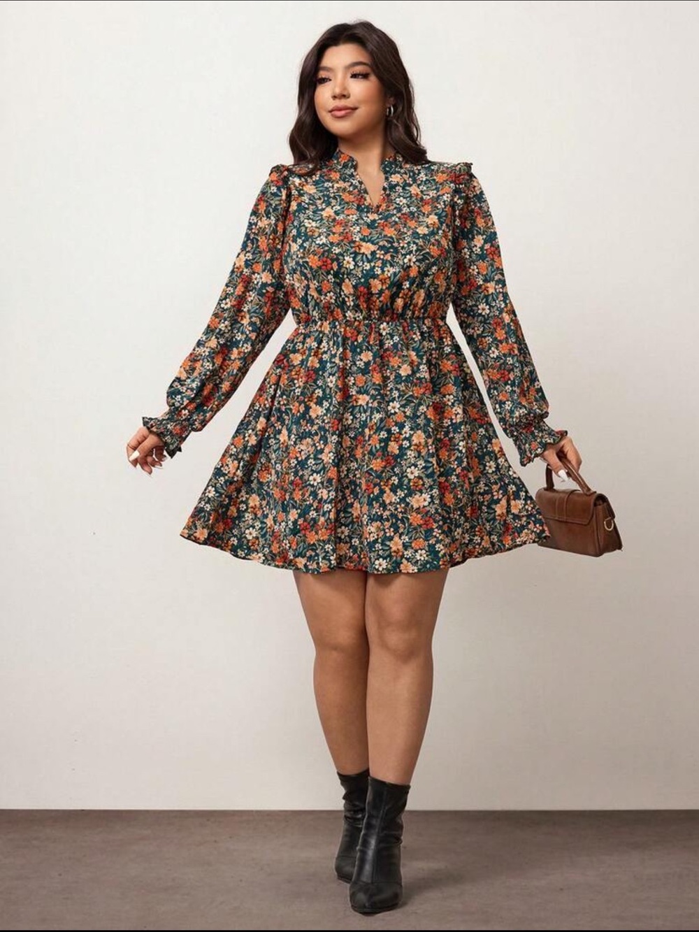 SHEIN Plus Size Casual Floral Notch Neck Dress